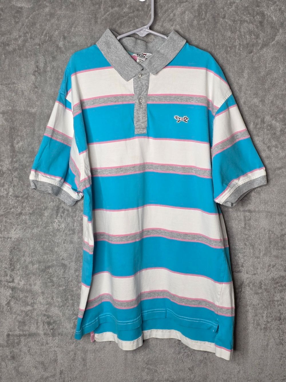 Retro Fox Vintage Y2K Striped Rugby Polo Shirt Turquoise Pink Gray L